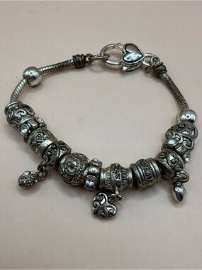 Landau Slide Barrel Bead Charm Snake Bracelet Heart Lobster Claw Clasp 7”